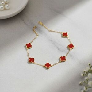 Gold Vermeil Red Clover Bracelet – Dainty Adjustable Chain, Lucky Charm Jewelry